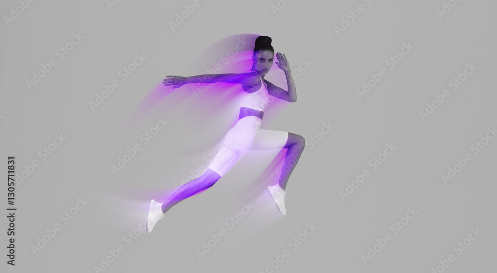 Obraz premium Athletic Woman Jumping Posing In Mid-Air Looking At Camera Exercising Over Pink And Blue Neon Background In Studio. Full Length, Panorama With Empty Space