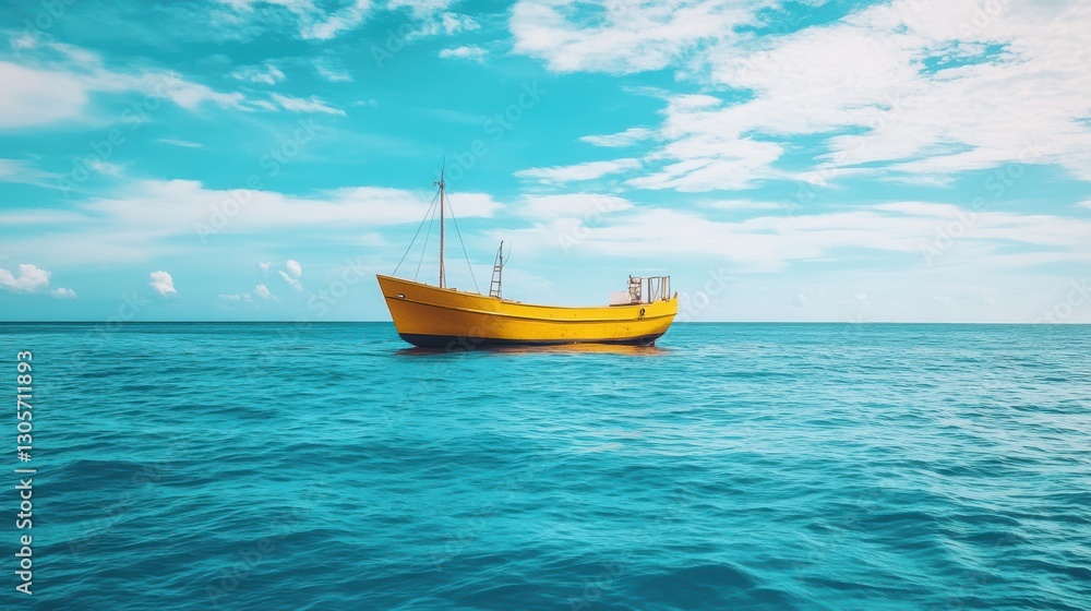 A yellow boat floats serenely on the vast expanse of the ocean. A yellow boat floats serenely on the vast expanse of the ocean.