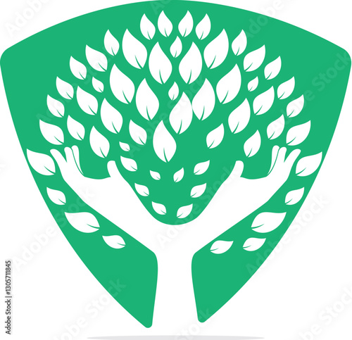 Creative green hand tree logo design. Natural products logo.