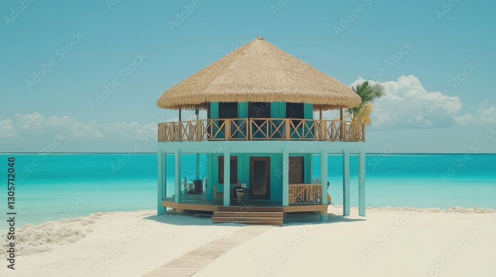 Fototapeta premium A small beach hut features a charming thatched roof by the shore.