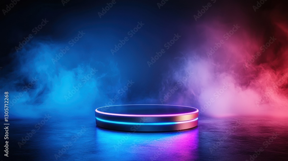 Futuristic glowing podium with colorful neon lights and mist for vibrant presentations or showcase design with dramatic tones in pink and blue hues for modern digital platforms, product display Futuristic glowing podium with colorful neon lights and mist for vibrant presentations or showcase design with dramatic tones in pink and blue hues for modern digital platforms, product display