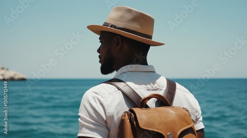 A man with a hat and backpack gazes at the vast ocean landscape.