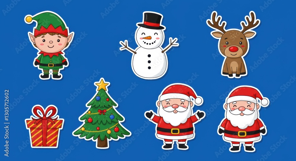 Festive christmas stickers: santa, snowman, elf, reindeer, tree, gift Festive christmas stickers: santa, snowman, elf, reindeer, tree, gift