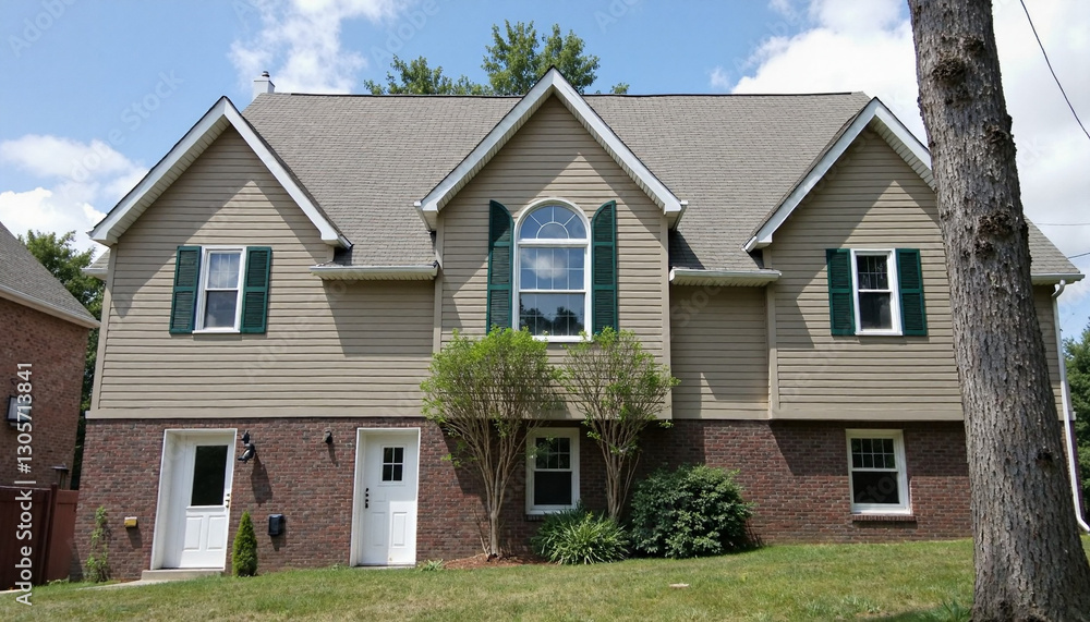 Residential home with green shutters under blue sky Residential home with green shutters under blue sky