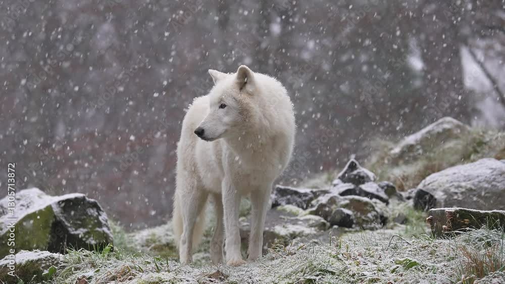 Polarwolf (Canis lupus arctos), bei Schneefall im Winter Polarwolf (Canis lupus arctos), bei Schneefall im Winter