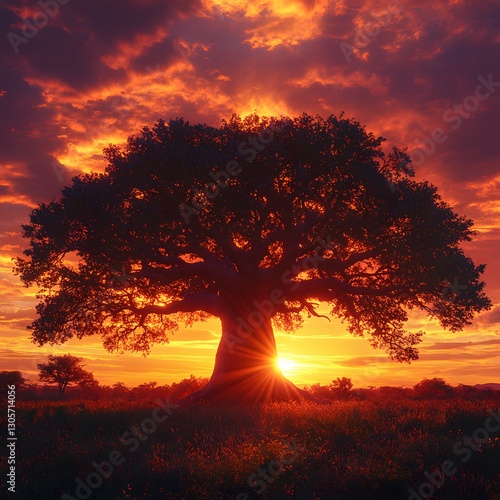 Fototapeta Naklejka Na Ścianę i Meble -  Majestic baobab sunset silhouette, African savanna, fiery sky, nature serenity, poster