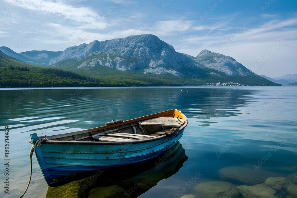 Serene Lake Scene: An idyllic scene of a tranquil lake with a small rowboat, and majestic mountains creating a stunning reflection in the calm water, and a clear blue sky. Serene Lake Scene: An idyllic scene of a tranquil lake with a small rowboat, and majestic mountains creating a stunning reflection in the calm water, and a clear blue sky.
