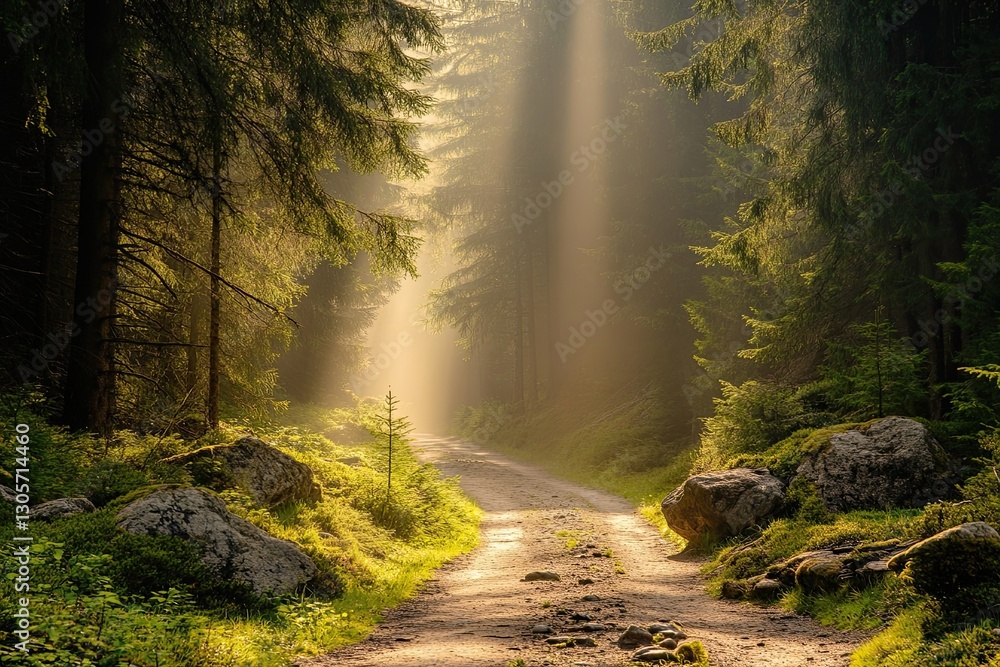 Fototapeta premium On a splendid summer morning, a path meanders through the forest, illuminated by the true sun's rays