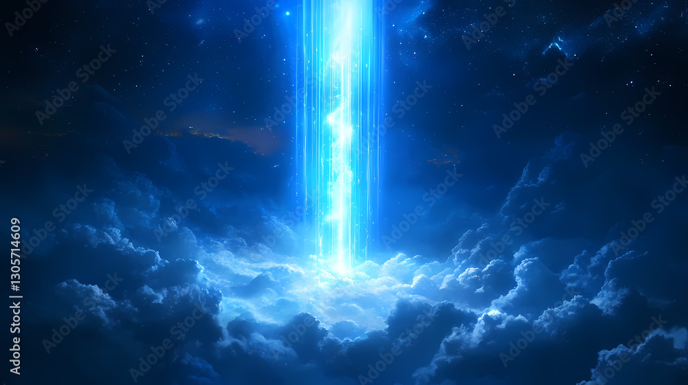 A blue light beam rises from a dark background, with streaks of light radiating outwards, creating a sense of energy and movement. Ethereal - Clouds. Illustration A blue light beam rises from a dark background, with streaks of light radiating outwards, creating a sense of energy and movement. Ethereal - Clouds. Illustration