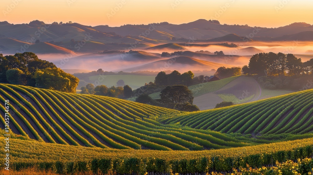 Fototapeta premium Aerial view of a foggy vineyard field with a valley in the background.