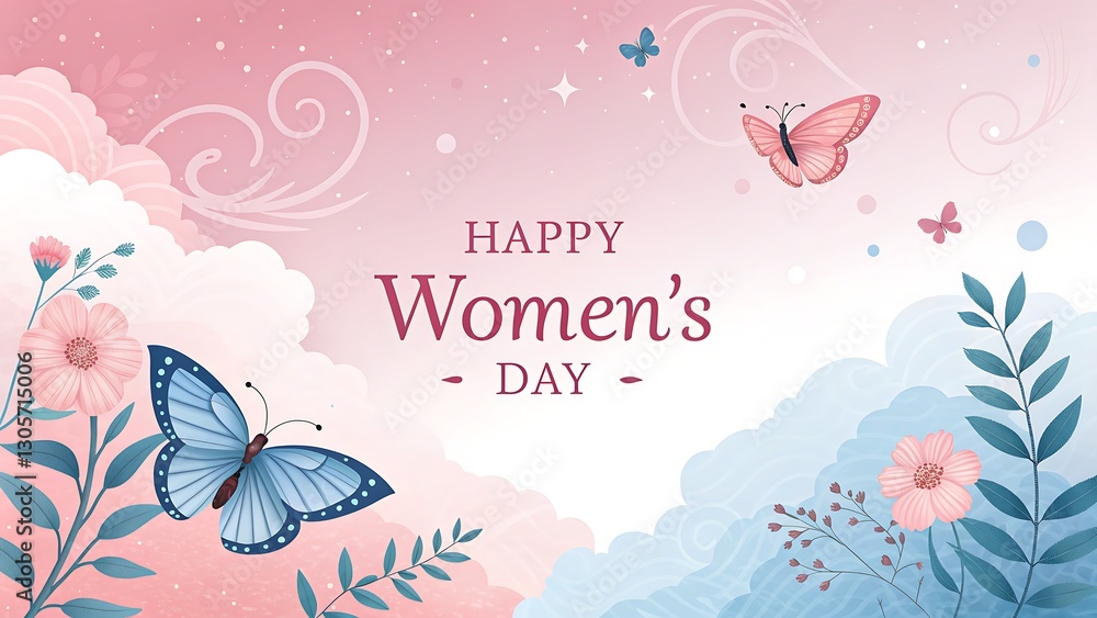 Fototapeta premium dreamy pastel-themed Women’s Day card with delicate butterflies and floral accents.