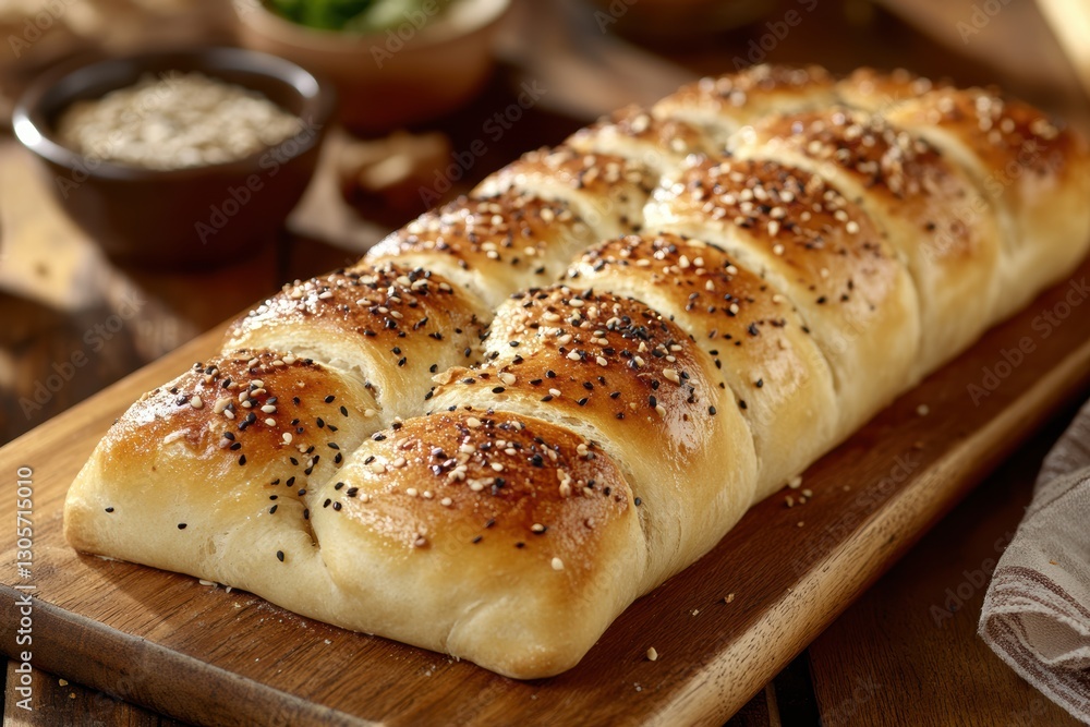 A bread roll on a cutting board next to a bowl of dips, showcasing delicious snack options. A bread roll on a cutting board next to a bowl of dips, showcasing delicious snack options.