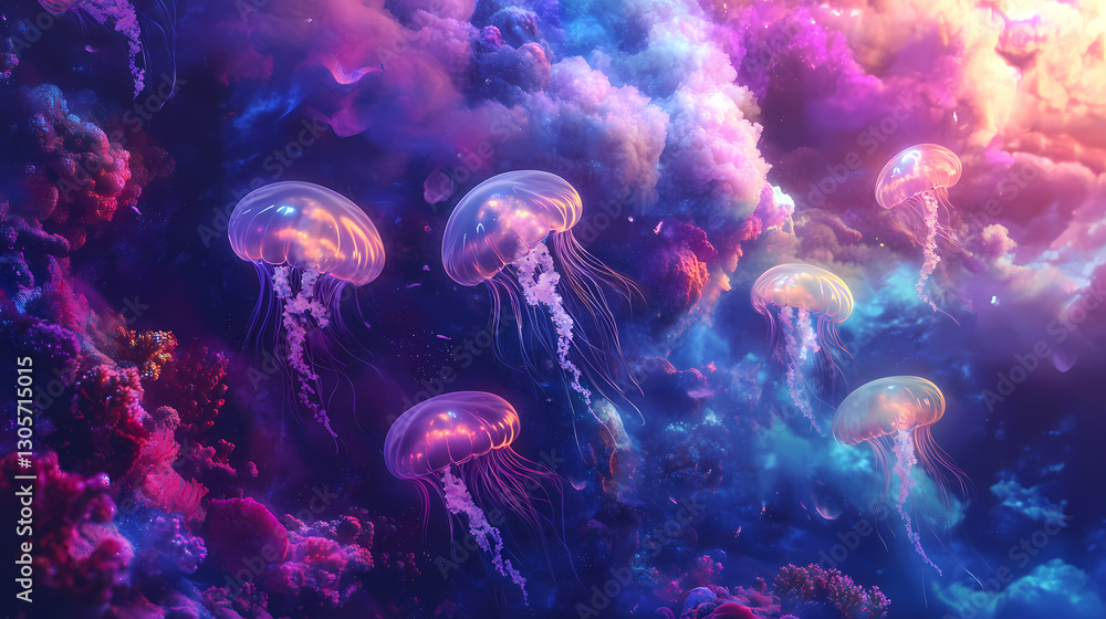 A surreal underwater scene with luminous jellyfish drifting amidst colorful coral reefs and schools of fish, creating an otherworldly, dreamlike aquatic environment. Ethereal - Clouds. Illustration A surreal underwater scene with luminous jellyfish drifting amidst colorful coral reefs and schools of fish, creating an otherworldly, dreamlike aquatic environment. Ethereal - Clouds. Illustration