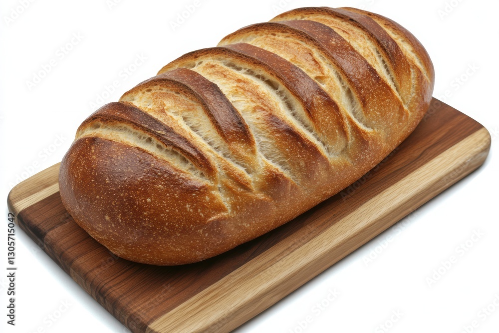 A detailed view of a loaf of bread resting on a wooden cutting board. A detailed view of a loaf of bread resting on a wooden cutting board.