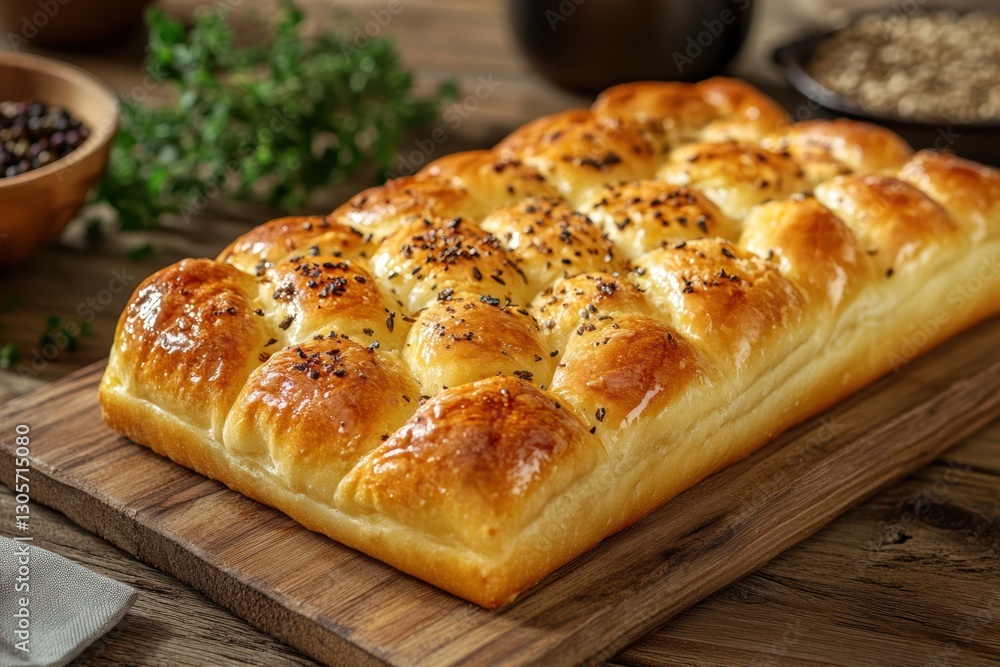 A close-up view of a fresh loaf of bread resting on a wooden cutting board. A close-up view of a fresh loaf of bread resting on a wooden cutting board.