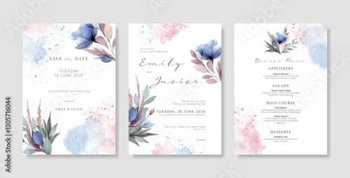 Beautiful watercolor wedding invitation template, Simple and elegant wedding card with floral watercolor