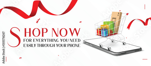 Mobile Shopping Banner Post Phone on the ground with a basket of products Perfect for social media, e-commerce global websites. Ideal for Instagram, Facebook, and X posts. Great for discounts  offers