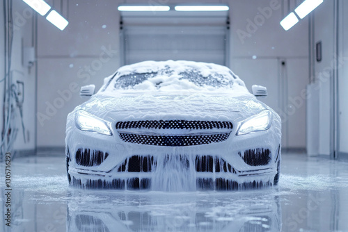 A white car is being foam washed in a well-lit car wash bay. Thick foam covers the vehicle while water drips down