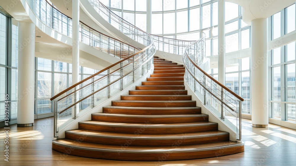 Elegant staircase featuring wooden steps and a sleek glass railing for a modern touch. Elegant staircase featuring wooden steps and a sleek glass railing for a modern touch.