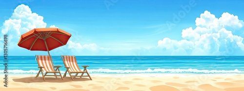 Landscape summer vacation holiday travel ocean sea beach background banner panorama with wooden sun loungers, lounge chair, and parasol on the sand, under a blue sky and sunshine ()