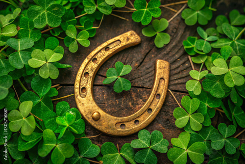 A golden horseshoe surrounded by green shamrocks, symbolizing luck and prosperity, perfect for Saint Patrick’s Day promotions