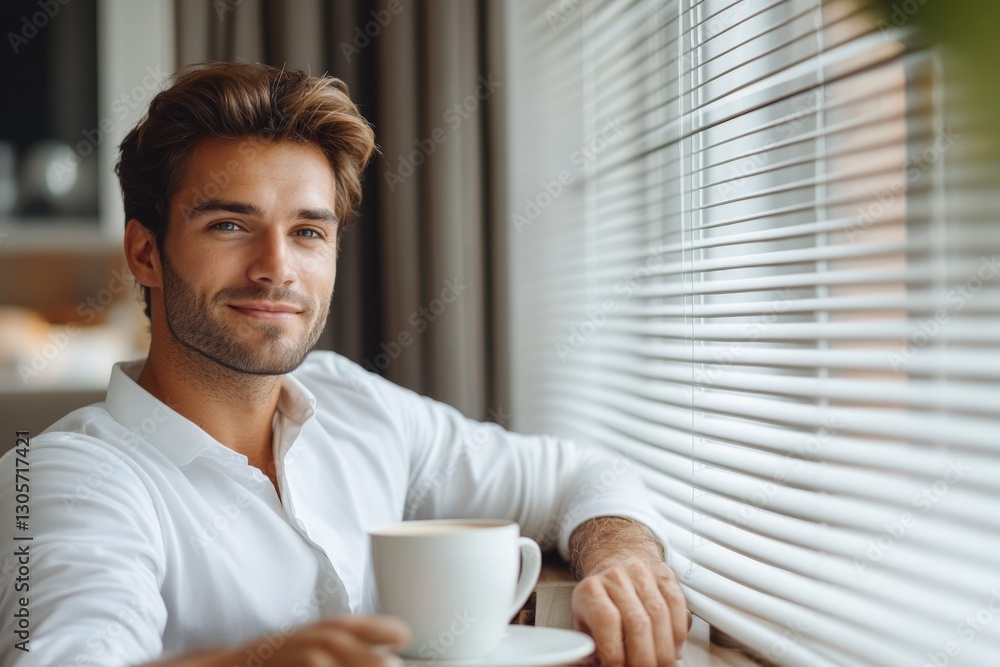 Young man enjoying coffee by the window with natural light during morning hours in a cozy cafe setting Young man enjoying coffee by the window with natural light during morning hours in a cozy cafe setting