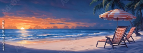 Tropical beach sunset scene with two lounge chairs under a beach umbrella.