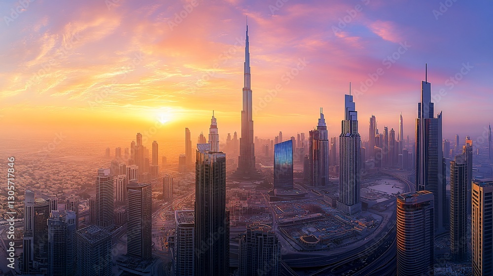 Stunning sunset panorama over a modern city skyline with skyscrapers and hazy atmosphere. Stunning sunset panorama over a modern city skyline with skyscrapers and hazy atmosphere.