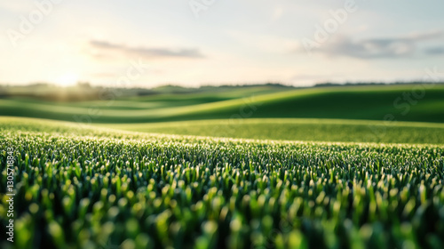 Sunlit rolling green hills with close-up grass blades at sunrise