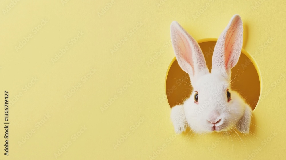 Fototapeta premium Cute white rabbit peeking through a circular hole with a soft pastel yellow background catches attention during a playful Easter celebration