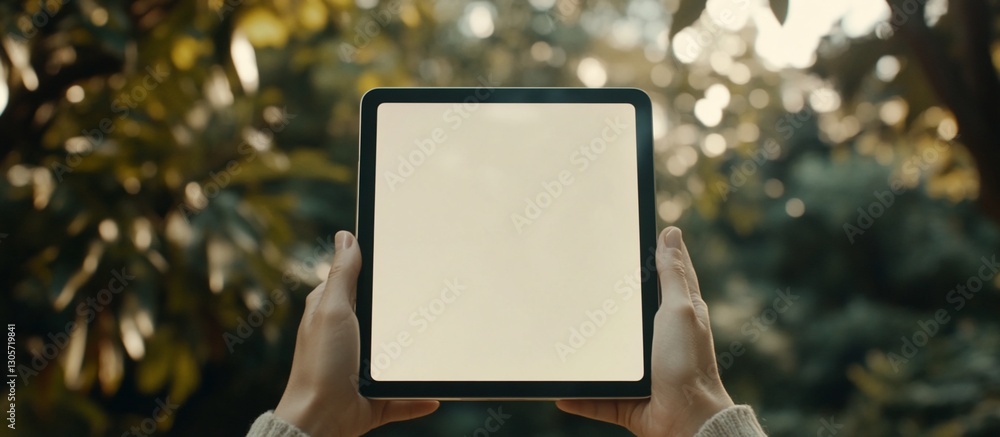 Hands holding tablet with blank screen against blurred garden background. Hands holding tablet with blank screen against blurred garden background.
