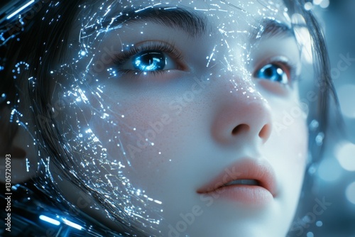 Futuristic portrait of a young woman with glowing features and intricate details set in a digital landscape