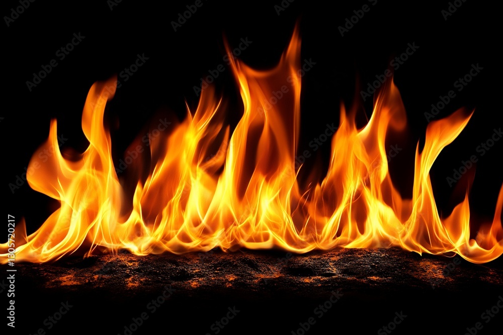 Fiery orange flames burning intensely against a black background. Fiery orange flames burning intensely against a black background.