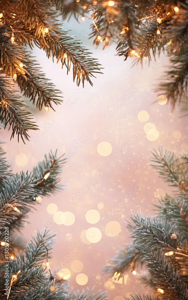 Festive frame of snowy pine branches with warm fairy lights on a bokeh background.