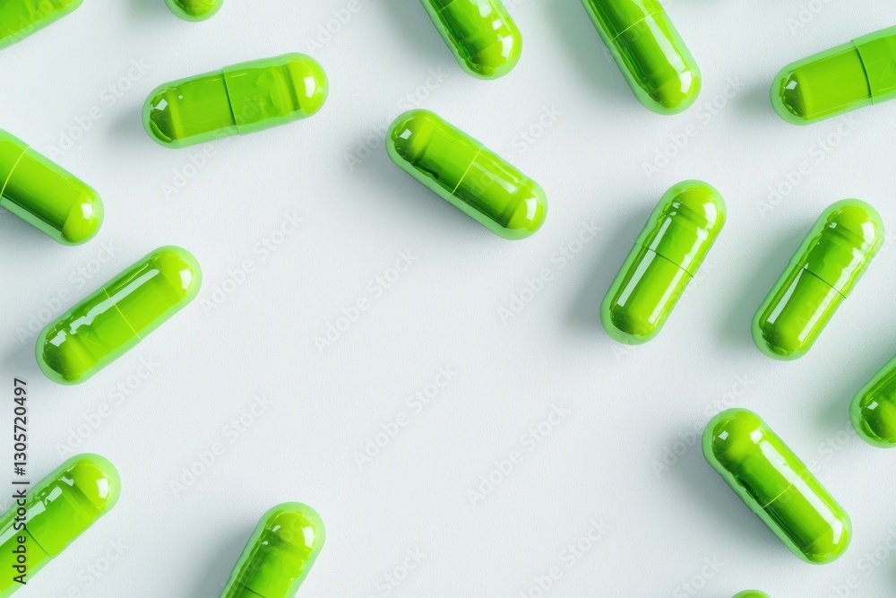 Vibrant green pharmaceutical capsules arranged on a pristine white background for modern medical aesthetics and branding opportunities Vibrant green pharmaceutical capsules arranged on a pristine white background for modern medical aesthetics and branding opportunities