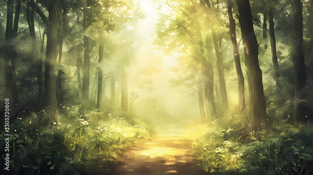 Obraz premium Sunlit forest path: watercolor painting of serene woodland scene. Ethereal - Clouds. Illustration