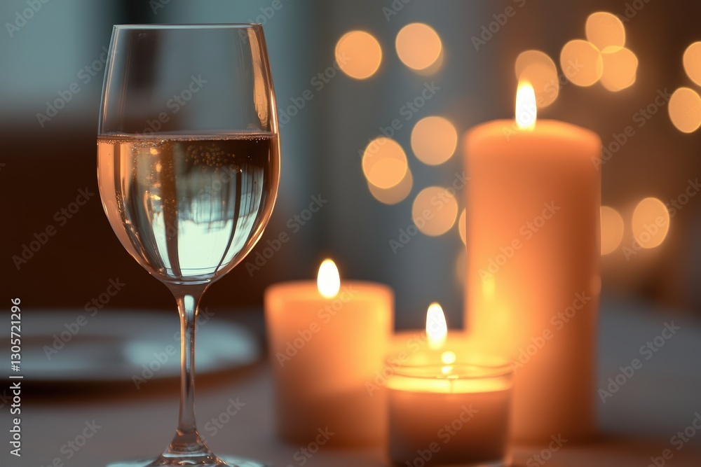 A cozy table setting featuring candles and a glass of wine. A cozy table setting featuring candles and a glass of wine.
