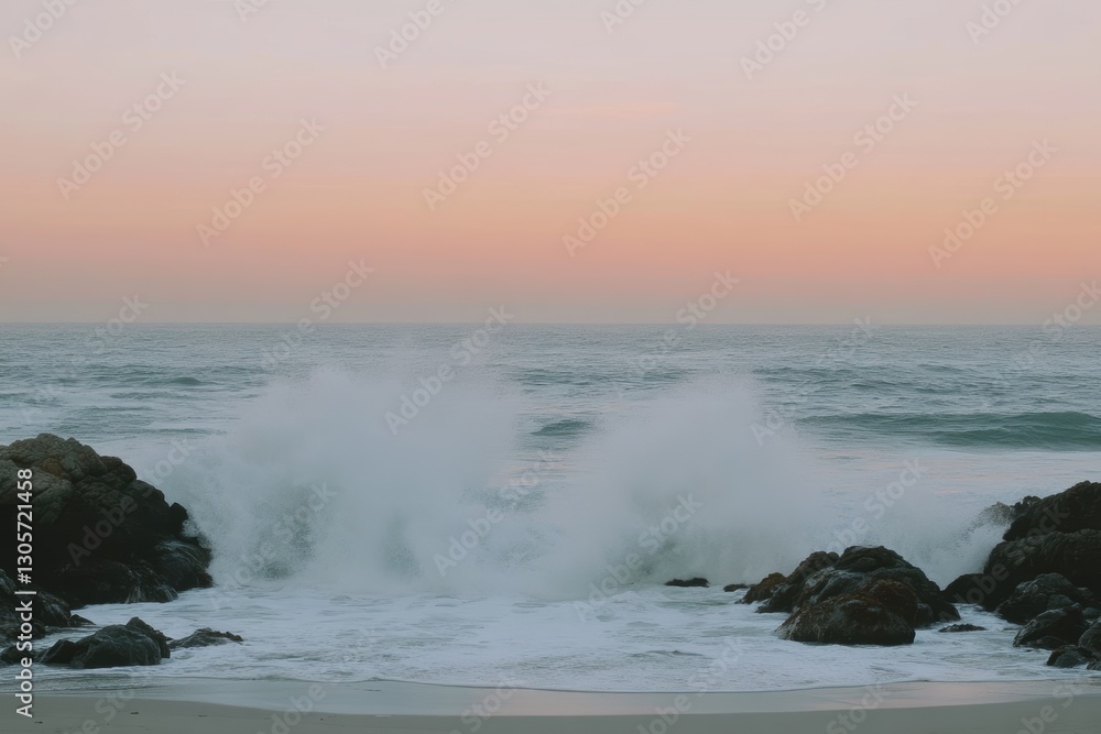 Waves crash on rocky beach during a stunning sunset, creating a picturesque coastal scene. Waves crash on rocky beach during a stunning sunset, creating a picturesque coastal scene.