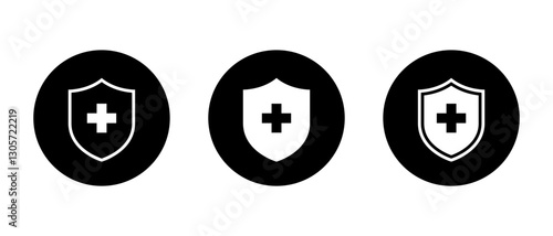 Medical shield protection icon set on black circle. Protect, healthy badge sign symbol