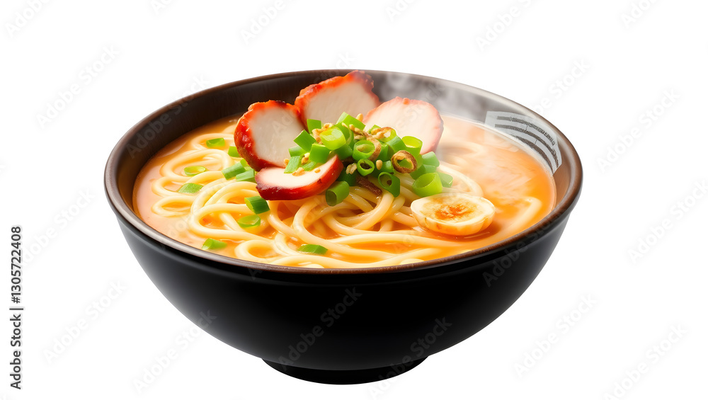 a close-up shot of a bowl of ramen noodles, with toppings of sliced meat and green onions. Steaming food, with a fresh look a close-up shot of a bowl of ramen noodles, with toppings of sliced meat and green onions. Steaming food, with a fresh look