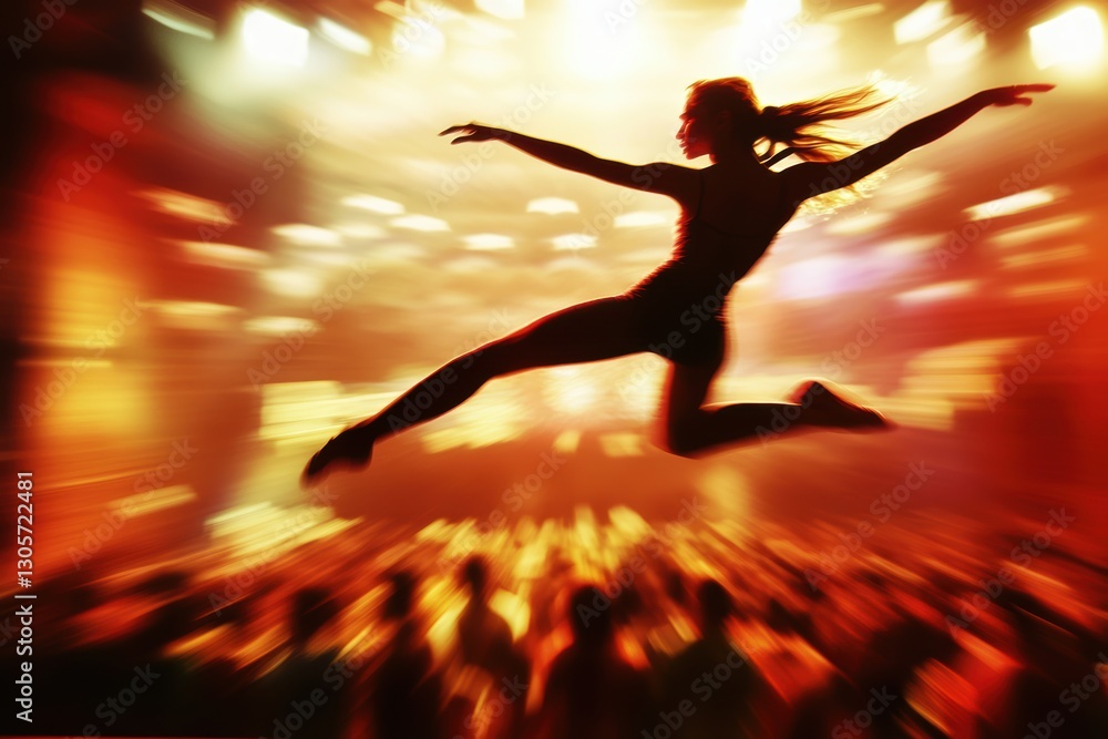 A woman joyfully jumps in front of an enthusiastic crowd. A woman joyfully jumps in front of an enthusiastic crowd.