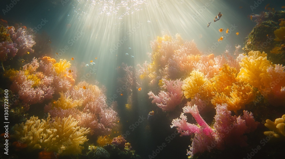 Fototapeta premium Vibrant coral reef underwater scene with sunlight beams, diverse colorful corals and small fish.