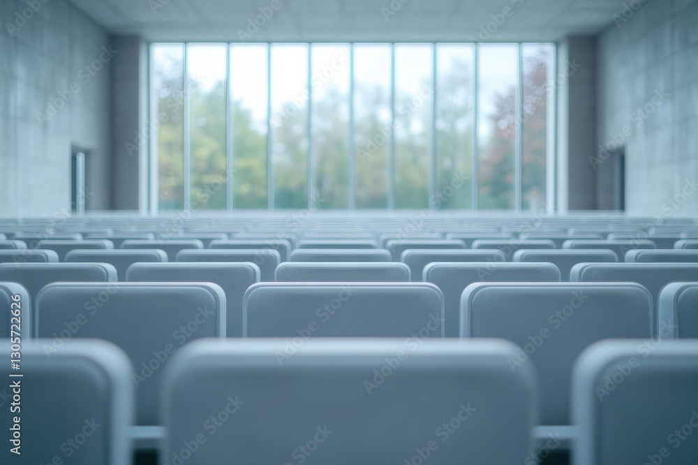 Empty auditorium with rows of seats and large windows letting in natural light during the day Empty auditorium with rows of seats and large windows letting in natural light during the day
