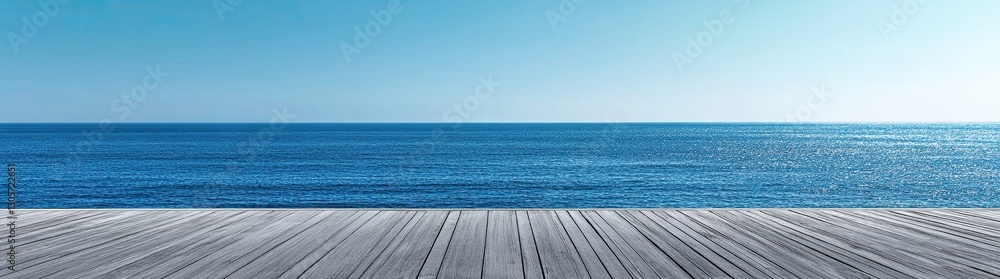 A serene tropical beach with crystal clear waters and a wooden deck basking in the blue sky A serene tropical beach with crystal clear waters and a wooden deck basking in the blue sky