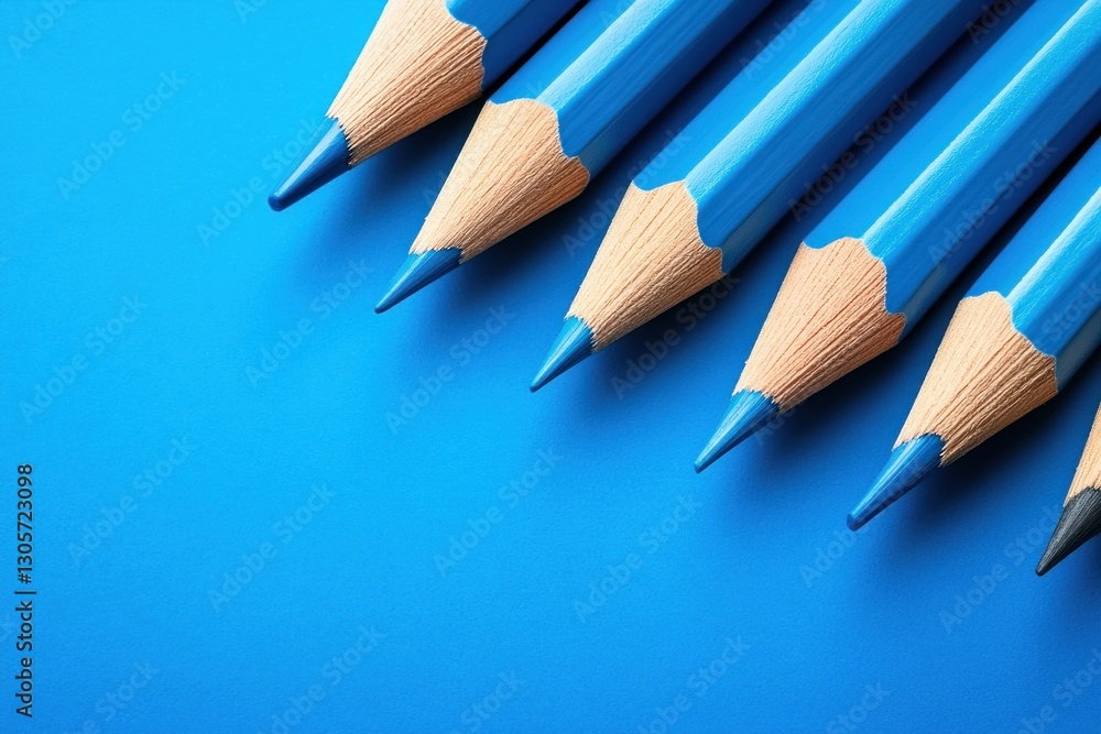 Six blue pencils with sharp tips are neatly aligned on a vivid blue background, creating an artistic and harmonious visual effect Six blue pencils with sharp tips are neatly aligned on a vivid blue background, creating an artistic and harmonious visual effect