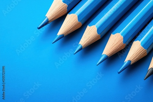 Six blue pencils with sharp tips are neatly aligned on a vivid blue background, creating an artistic and harmonious visual effect photo