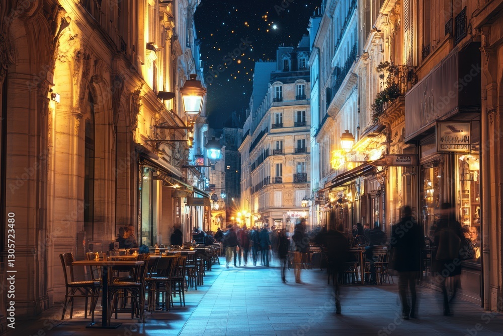 Obraz premium People stroll through a city street during nighttime, illuminated by lights.