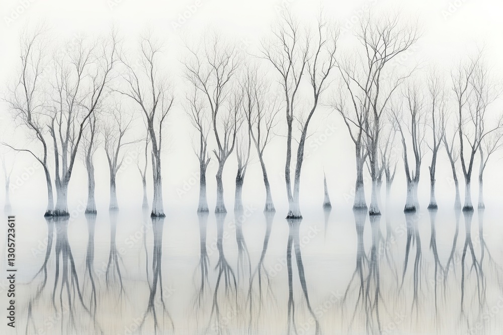 Obraz premium Foggy lake with trees standing in a row, creating a serene and mysterious atmosphere.