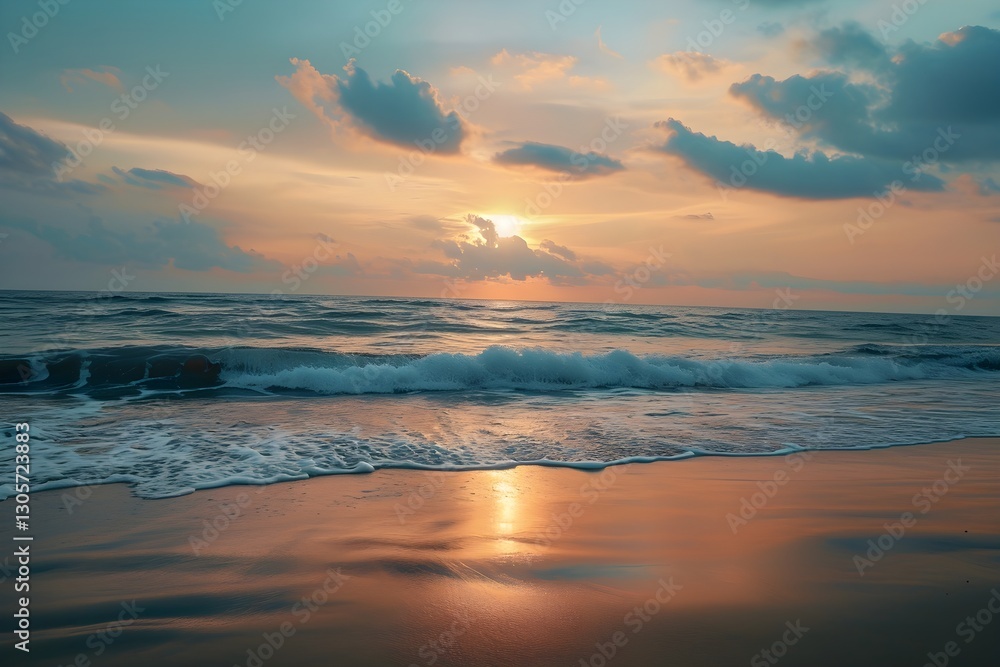Fototapeta premium Serene Sunset over Ocean: Waves gently lap the sandy shore, reflecting the vibrant hues of a stunning sunset painted across the sky, creating a tranquil scene. 
