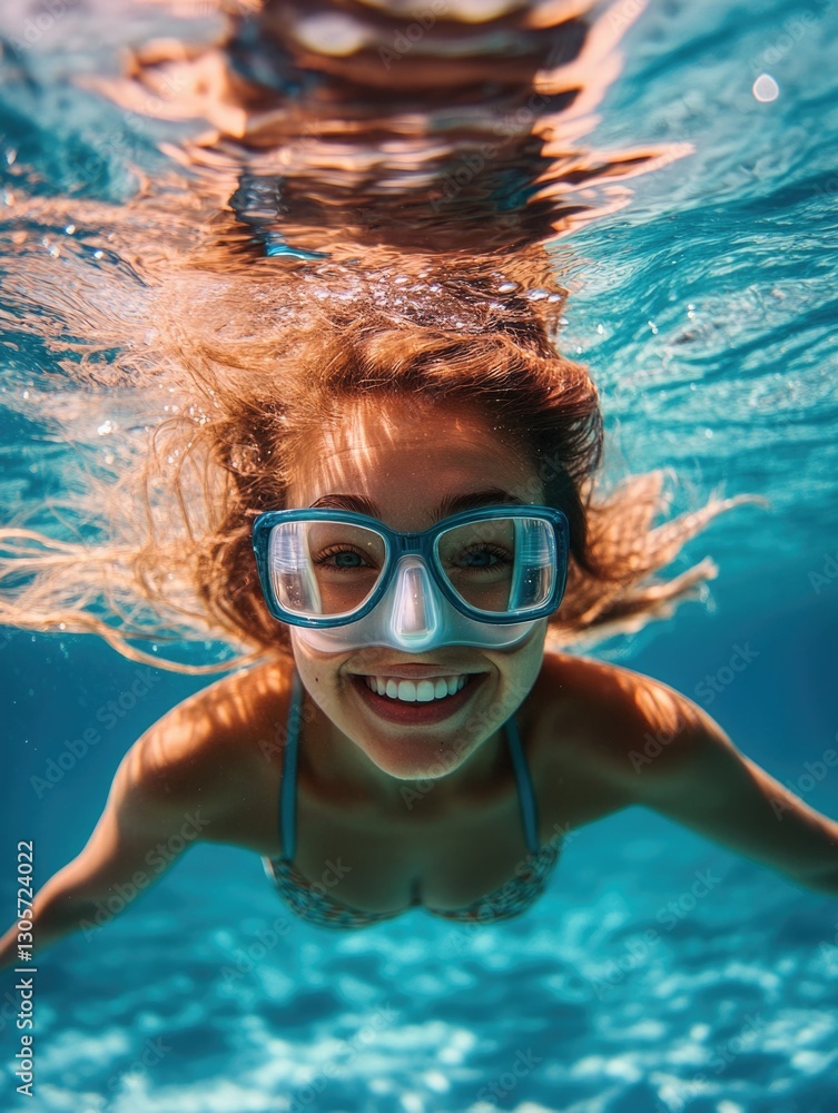 Naklejka premium Underwater view with female swimmer wearing goggles and enjoying the ocean.